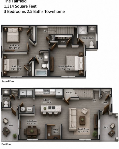 Floor plan for 3 beds, 2.5 baths, 1314 sqft